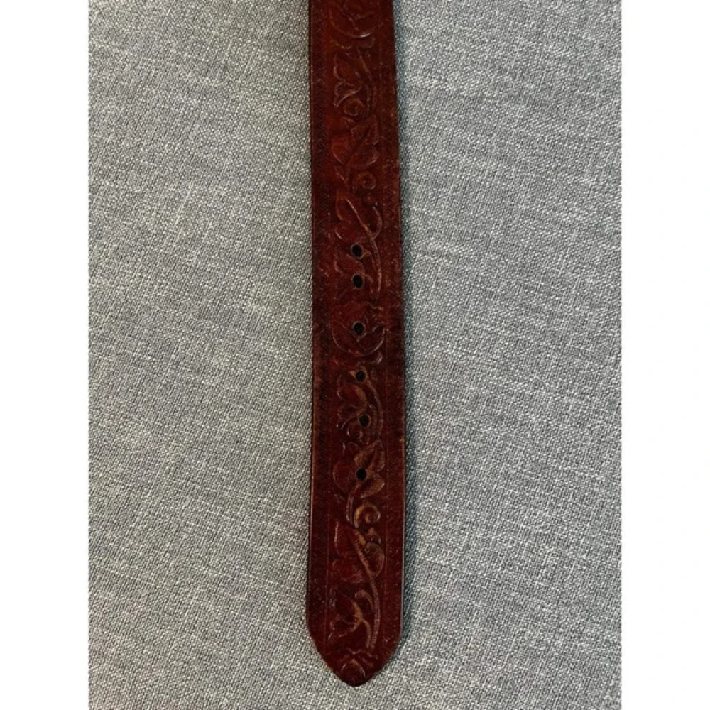 Tooled Leather Belt LMC‎ Vintage Bronze Tone Buckle Brown Floral 38 Inch Unisex